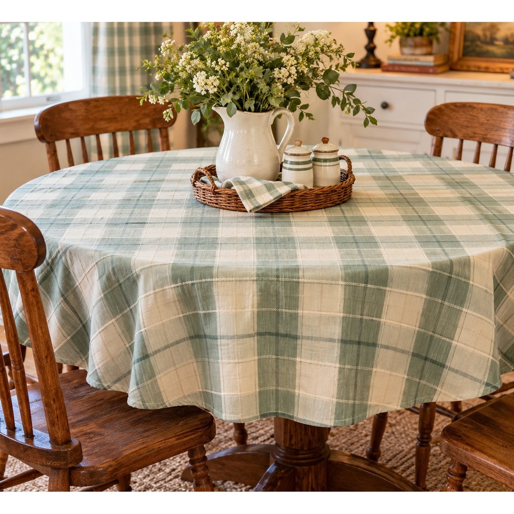 Vintage Sage Green Cream Plaid Round Tablecloth 53 Inch Farmhouse Cottagecore